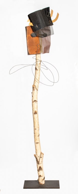 Post-Cubist Abstract Figural Assemblage Sculpture: Post-Cubist Abstract Figural Assemblage Sculpture, metal, cardboard, white birch wood, and stone atop a black patinated metal base, apparently unsigned. 77" H x 24" W x 9" D. Provenance: From an Upper