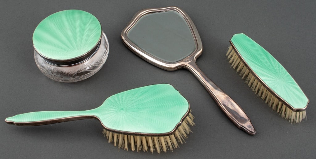 English Silver Green Guilloche Dressing Table Set (1 of 12)