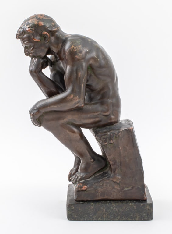 After Auguste Rodin "Le Penseur" Bronze Sculpture: After Auguste Rodin (French, 1840-1917) "Le Penseur" Patinated Bronze Sculpture, apparently unsigned, mounted on a green granite stone base. Overall: 15" H x 5.75" W x 6.25" D. Provenance: From a New