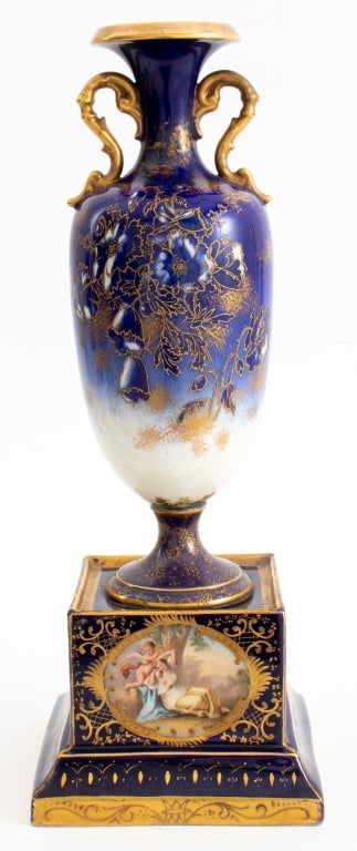 Royal Vienna Style Porcelain Urn-Form Vase: Royal Vienna Style Porceland Urn-Form Vase and Base, the vase decorated in Japonisme taste with gold encrusted decoration, the base in Neoclassical style, with underglaze blue beehive mark to interior