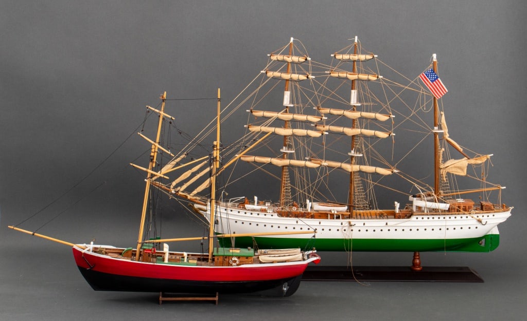 American Eagle, Etc. Wood Ship Models, 2: Two Wooden Ship Models, comprising: American Eagle three-masted ship mounted on wood base and Billings Boats "Lilla Dan" two-masted ship. Larger: 23" H x 35.5" W x 4.5" D. Provenance: From a Brooklyn