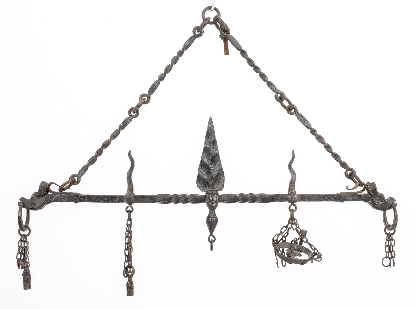 Arts & Crafts Wrought Iron Fireplace Hanger: Arts and Crafts Wrought Iron Fireplace Hanger, with decorative ornamentation. Previous attempt to transform into a lamp evident. 33" H x 38" W x 2" D. Provenance: From a Manhattan Collector. Keywords: