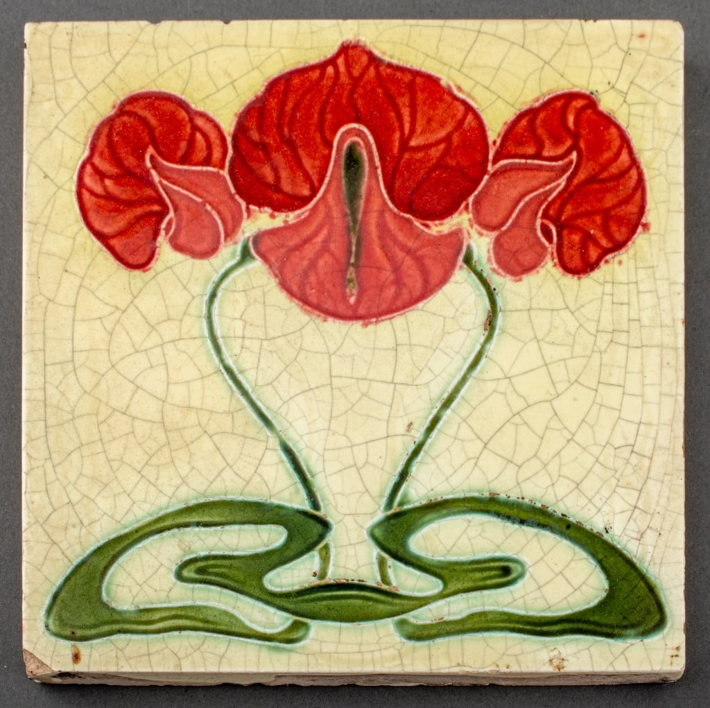 J. H. Barratt Art Nouveau Orchid Pottery Tile: J. H. Barratt Art Nouveau Orchid Pottery Tile, depicting a flowering orchid with 3 blooms on a craquelure background, marked "England" to reverse. 6.25" L x 6.25" W. Provenance: From a Christopher Str