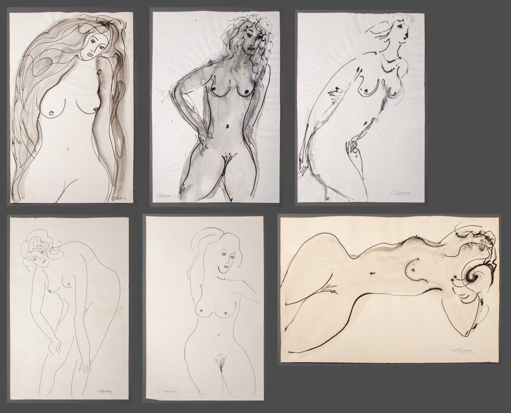 Norman Carton Nude Woman Studies Ink on Paper, 6: Norman Carton (Ukrainian/American, 1908-1980), Six Nude Woman Studies, Ink on Paper, each signed, Largest: 12" H x 18.75" W. Keywords: Works on Paper, Paintings, Drawings, Gestural, Figural, Feminine 