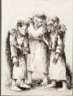 Louis Wolchonok Figural Group Scene Ink on Paper: Louis Wolchonok (American, 1898-1973), Figural Group Scene, Ink on Paper, signed lower right. 24" H x 17.75" W. Provenance: From a Brooklyn townhouse. Keywords: Drawings, Works on paper, Figurative, S
