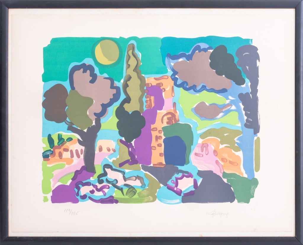 Charles Lapicque Colorful Landscape Lithograph: Charles Lapicque (French, 1898-1988), Colorful Landscape Scene, Lithograph in Colors, signed in pencil lower right and numbered edition "119/175" lower left, ebonized wood frame. Image: 19" H x 25" W;