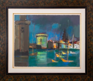 Marcel Mouly "La Rochelle au Ciel" Gouache, 1984