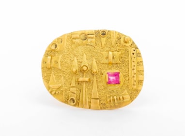 18K Yellow Gold Rubellite Brooch Pendant