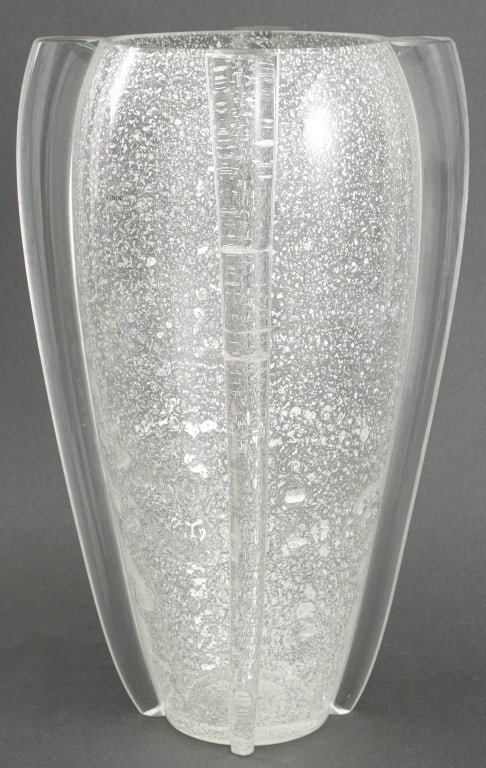 Tina Aufiero for Venini "Alboina" Glass Vase: Tina Aufiero for Venini "Alboina" Glass Vase, clear with silver leaf inclusions, "Venini" label to side. 16" H x 10" Diameter. Provenance: From a New York City Collection. Keywords: Murano, Italian, V