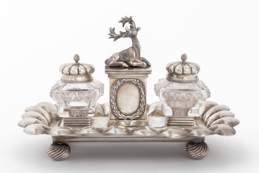 Dutch Sterling Silver Stag Finial Inkstand, 1839 (1 of 14)