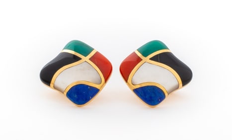 14K Yellow Gold Inlay Gemstone Earrings