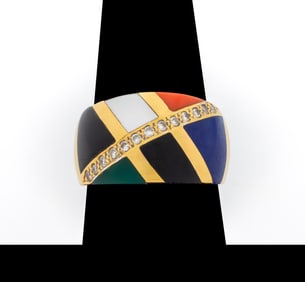 18K Yellow Gold Gemstone Inlay Diamond Ring