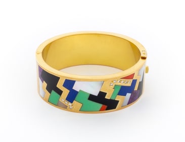 14K Yellow Gold Inlay Gemstone Diamond Bangle