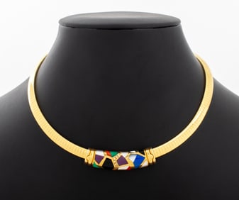 14K Yellow Gold Inlay Gemstone Diamond Necklace