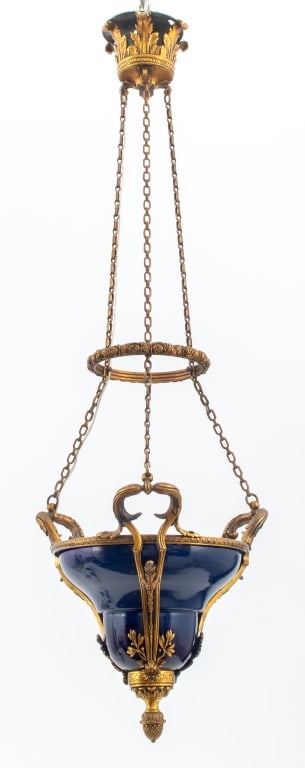 French Bronze & Cobalt Porcelain Hanging Light (1 of 9)