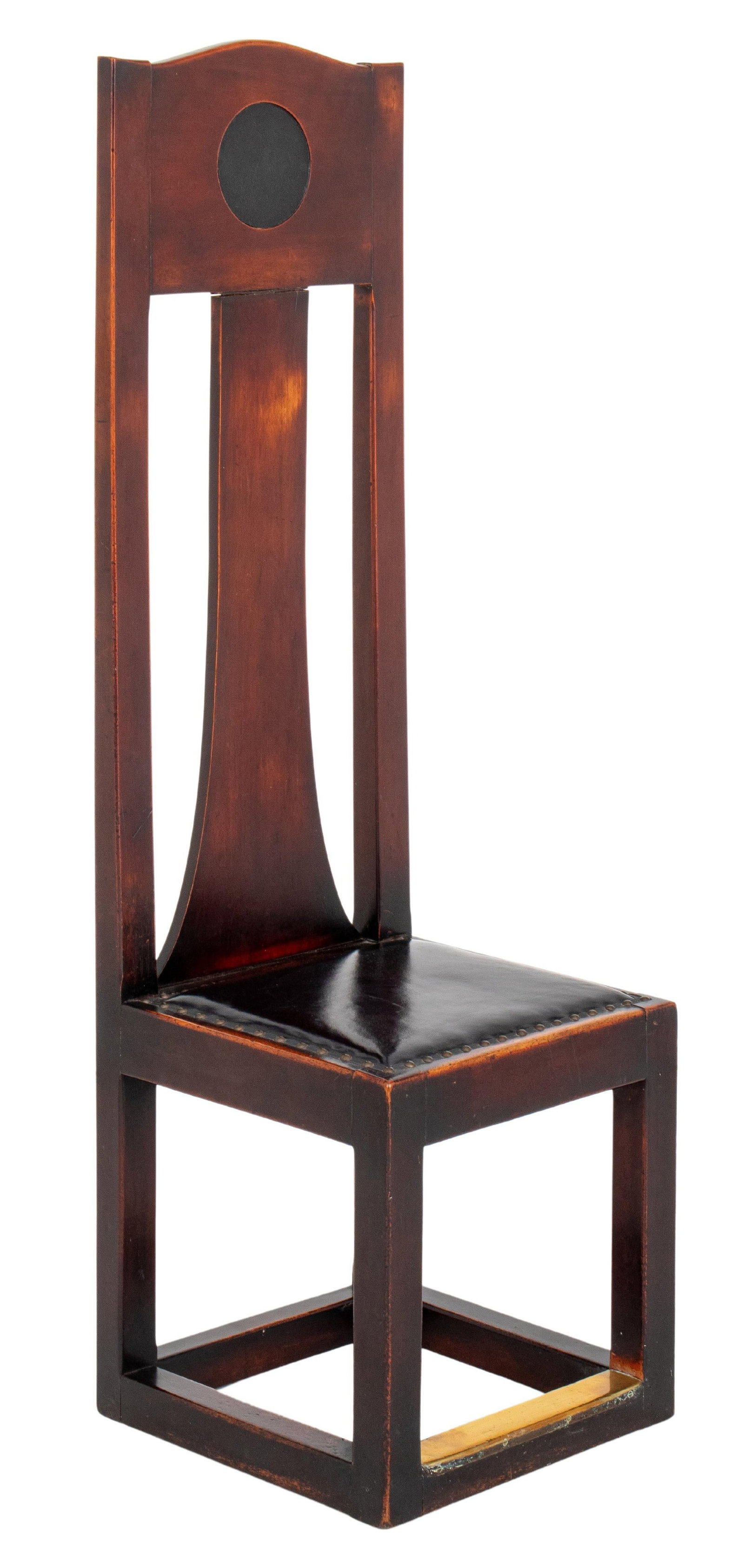 Arts & Crafts Mackintosh Style High Backed Chair: Arts and Crafts Mackintosh Style High Backed Chair, with leather seat and nail-head details. 53.5" H x 16.5" W x 16.5" D; seat: 17" H. Provenance: From a Christopher Street Collection. Keywords: Cassi