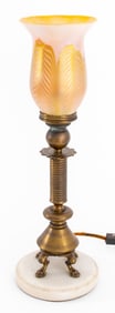 Art Nouveau Quezal Art Glass and Brass Lamp