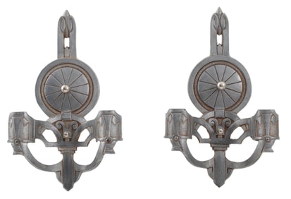 Art Deco Style Cast Iron Sconce Lights, Pair
