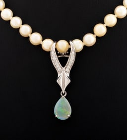 Cultured Pearl Necklace 14K Opal Diamond Enhancer