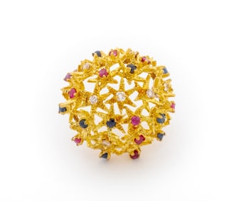 14K Diamond Ruby Sapphire Flowers Pin