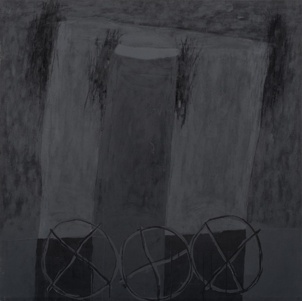 Capobianco "Where Fire Burns..." Acrylic on Canvas: Domenick Capobianco (American, b. 1928) "Where Fire Burns Black #2" Acrylic on Canvas, in dark tones, in the manner of Rashid Johnson (American, b. 1977), signed to verso, unframed. 45.5" H x 45.5" W.