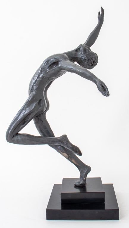 "Dancer" Polymer Clay Sculpture: "Dancer" Polymer Clay Sculpture, apparently unsigned, depicting a dancer in movement on one foot with arms wide, on stepped rotating black base. 25" H x 14" W x 12.75" D. Provenance: From an East End