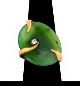 14K Yellow Gold Jade Diamond Ring