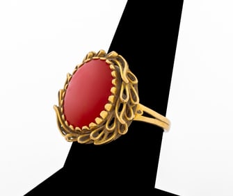 18K Yellow Gold Red Coral Ring