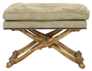 Louis XV Style Suede Upholstered Giltwood Bench