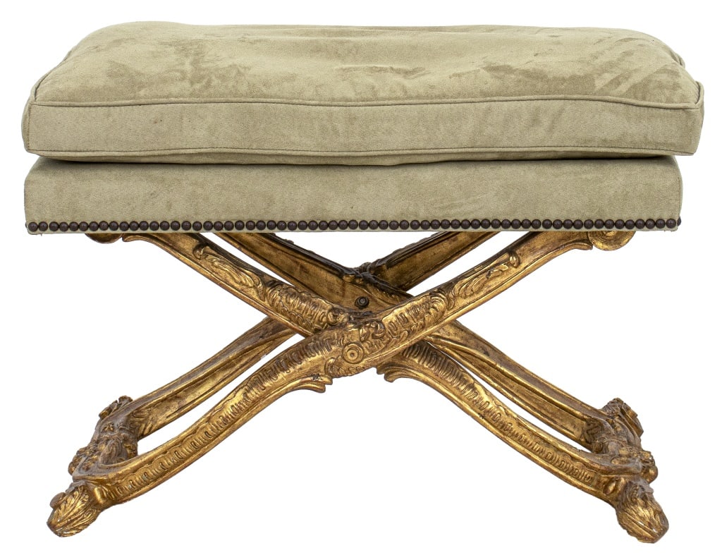 Louis XV Style Suede Upholstered Giltwood Bench (1 of 6)