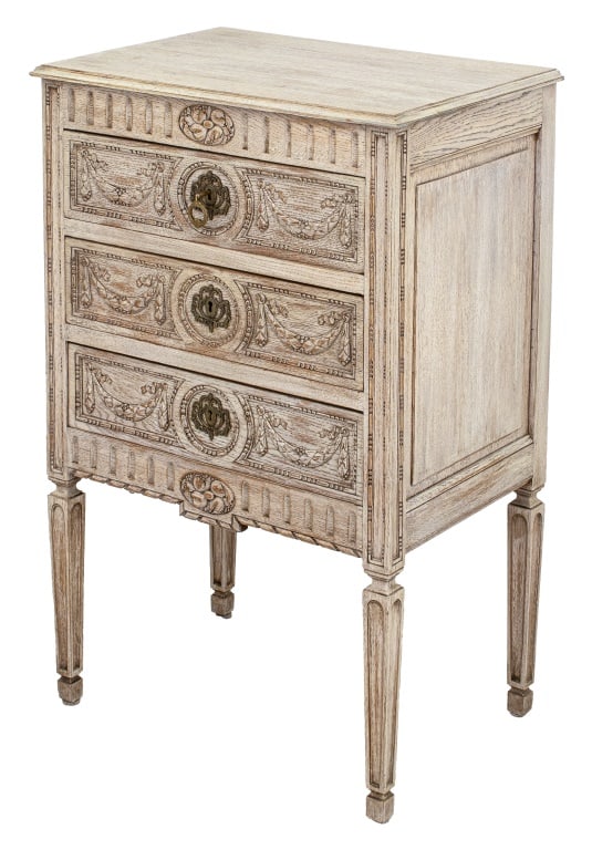 Belgian Distressed Oak Wood Chest of Drawers: Belgian Distressed Oak Wood Chest of Drawers, circa 1900, with three frieze drawers above four tapered legs, labeled "John A Colby & Sons" and "Colby's 2141" to reverse. 36" H x 23.5" W x 16" D. Prove