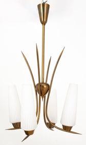 Mid-Century Modern Brass & Opaline Chandelier