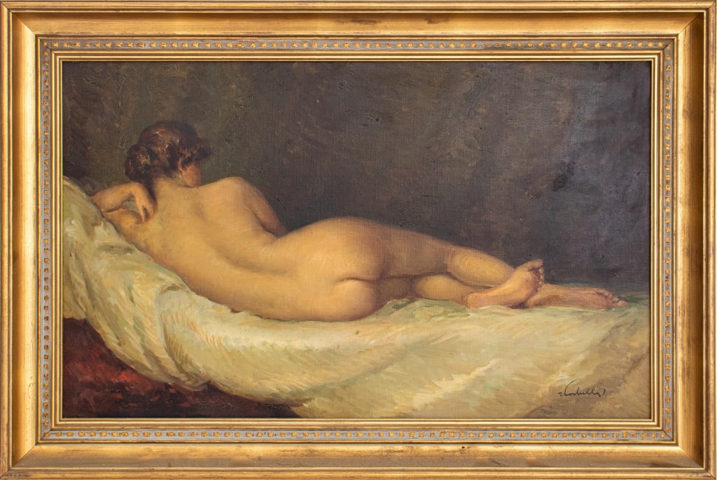 Tito Corbella Reclining Nude Woman Oil on Board: Tito Corbella (Italian, 1885-1966), Reclining Nude Woman, Oil on Board, signed lower right, giltwood frame. Image: 14.75" H x 24.5" W; frame: 19.75" H x 29.5" W. Provenance: From a New York City Colle