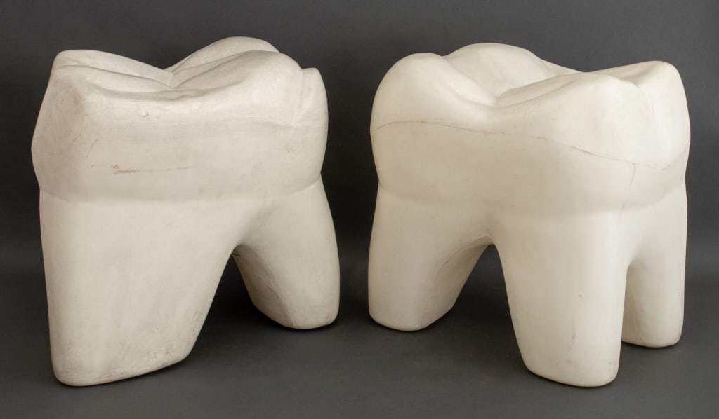 Golden-West Molar Teeth Composite Stools, Pair: Pair of Golden-West Molar Teeth Composite Stools, 1981, marked "Golden-West Dental Inc. / P.O. Box 777 / Garden Grove, Calif. 92640 / U.S.A." to underside. 17.5" H x 17" W x 14" D. Provenance: From a 