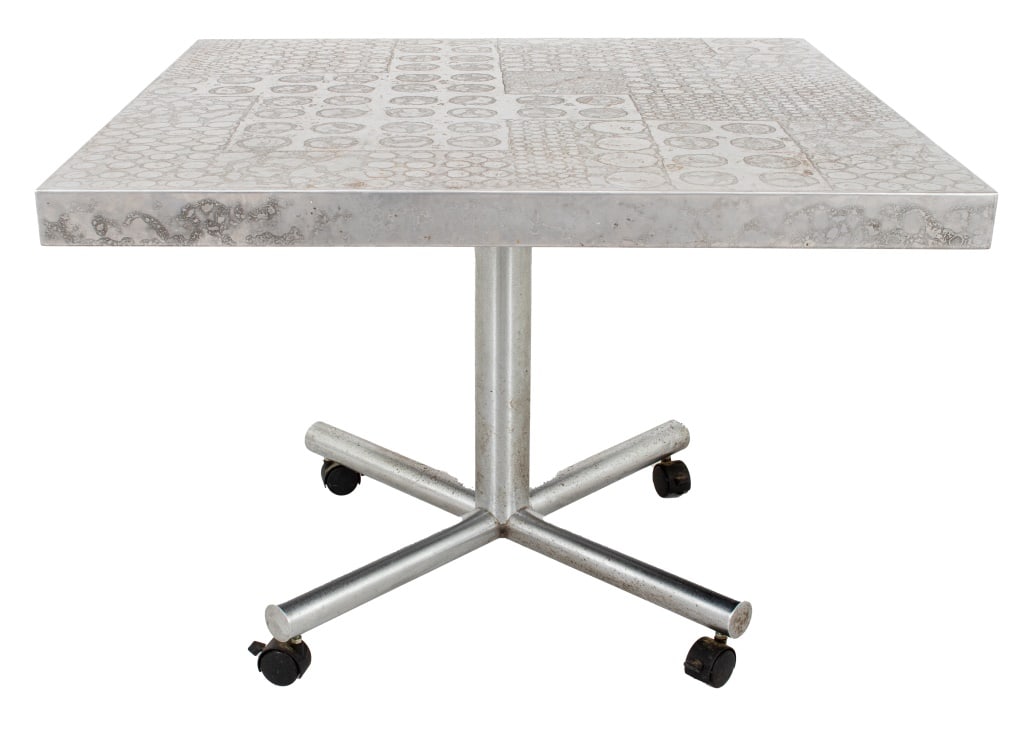 Heinz Lilienthal Etched Metal Cocktail Table: Heinz Lilienthal Etched Metal Square Top Cocktail Table, organic geometric designs, circles and squares, on casters, labeled "Heinz Lilienthal / Modell: B0006 E26 / 95 x 95" to underside. 27" H x 37.5