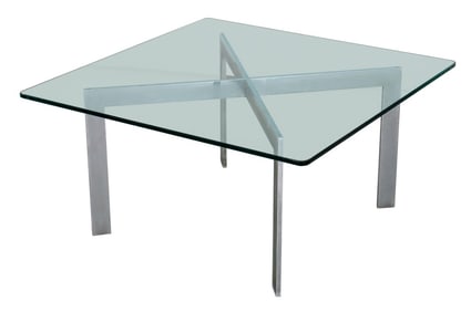 Ludwig Mies van der Rohe Style Glass Top Table