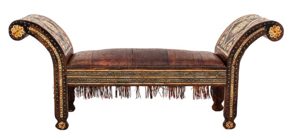 Moroccan Bone Inlaid Wood and Leather Bench