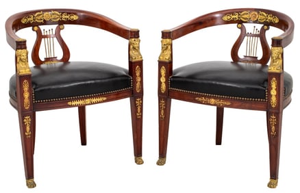 French Empire Style Ormolu Mounted Tub Chairs, Pr