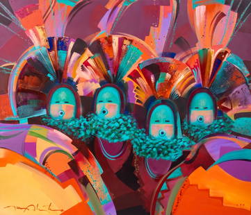 Tony Abeyta "Songs from.." Acrylic on Canvas, 1990: Tony Abeyta (American, Navajo Dine, b. 1965), "Songs From the Underworld", Acrylic on Canvas, 1990, signed lower left and dated lower right, two Swaia 69th Annual Indian Market award ribbons for Best