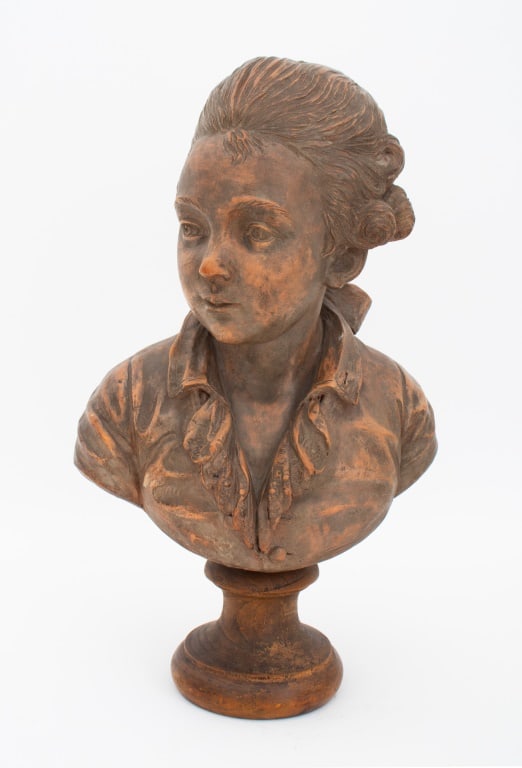 After Augustin Pajou Bust of Boy Terracotta: After Augustin Pajou (French, 1730-1809), Bust of Boy, Painted Terracotta Sculpture, bearing signature "Pajou" to back of collar, mounted on wood base. 17.5" H x 11" W x 8.5" D. Provenance: Property f