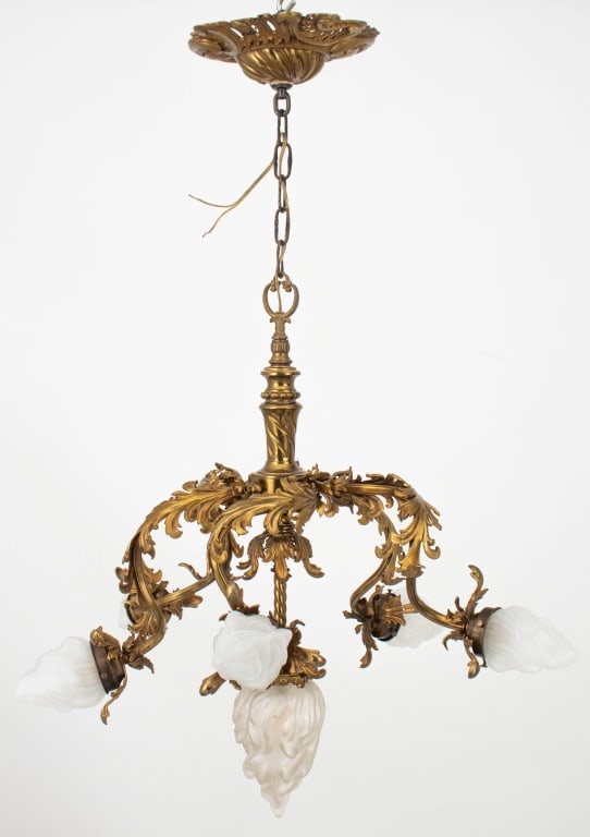Art Nouveau Style Brass and Glass 5-Arm Chandelier (1 of 8)