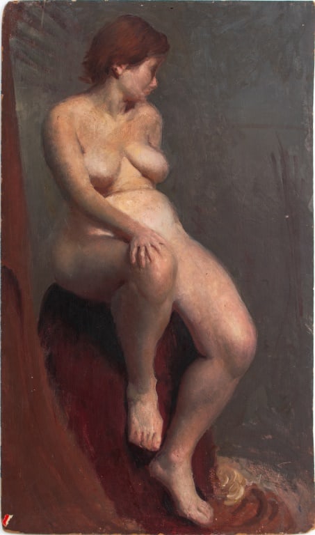 Robert Elias Rivera Seated Nude Woman Oil on Board: Robert Elias Rivera (American, 1937-2019), Seated Nude Female Figure, Oil on Masonite, 1960, signed, dated, and inscribed "Mason Class" to verso, unframed. 31" H x 19" W. Provenance: From the Allen Tu