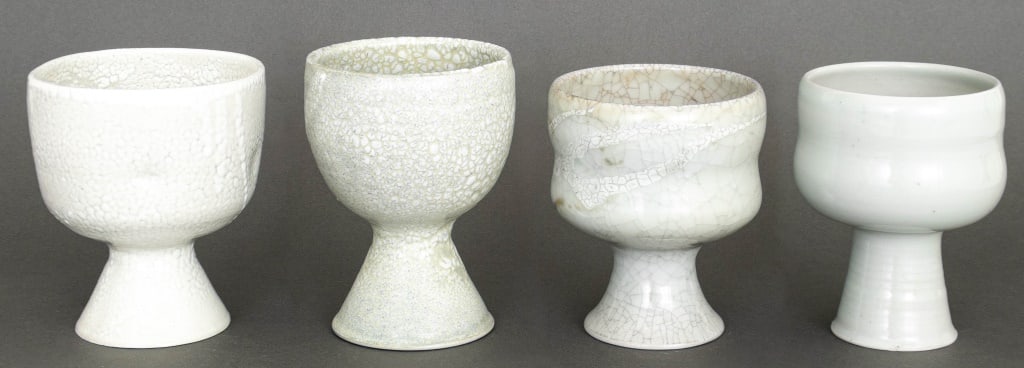 Brother Thomas Bezanson Porcelain Wine Cups, 4: Group of Four Brother Thomas Bezanson (Canadian, 1929-2007) Porcelain Wine Cups, two with kairagi glaze, each with cobalt blue mark to underside. Largest: 6.75" H x 4.75" Diameter. Provenance: From 33