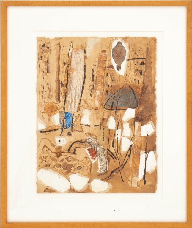 Teresa Murak Mixed Media Collage on Handmade Paper: Teresa Murak (Polish, b. 1949), Abstraction, Mixed Media Collage on Handmade Paper, signed in pencil lower right, wood frame. 15" H 11.5" W; frame: 22" H x 18.25" W. Provenance: From a Central Park We