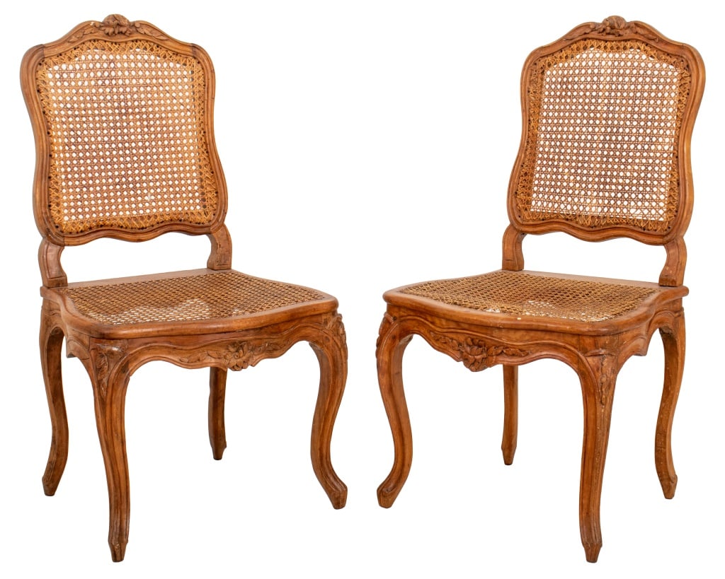 Louis XV Beech Cane Paneled Chaises, Pair: Near Pair of Louis XV Beech Cane Paneled Side Chaises, mid-18th century. 37.75" H x 20.5" W x 20" D; seat: 17" H. Provenance: Property from the residence of the MacArthur family. Keywords: Antique, Fu