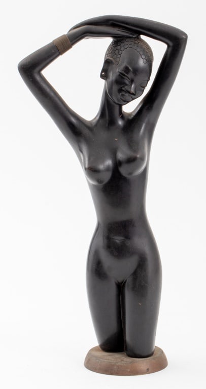Hagenauer Style Nude Woman Wood Sculpture: Karl Hagenauer (Austrian, 1898-1956) Style Nude Woman Carved Wood Sculpture, depicting a nude female figure with arms raised over head and wearing metal wire bracelets, apparently unmarked, upon a rou