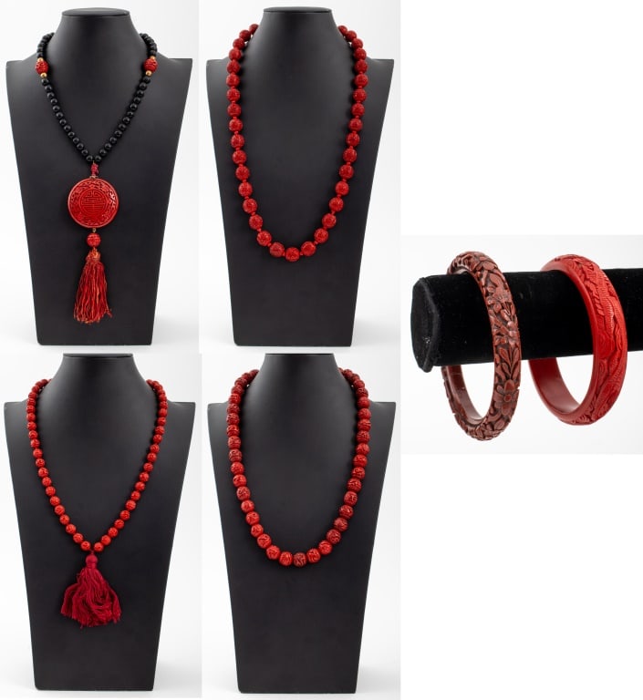 Chinese Carved Cinnabar Jewelry, 6 Pieces (1 of 14)