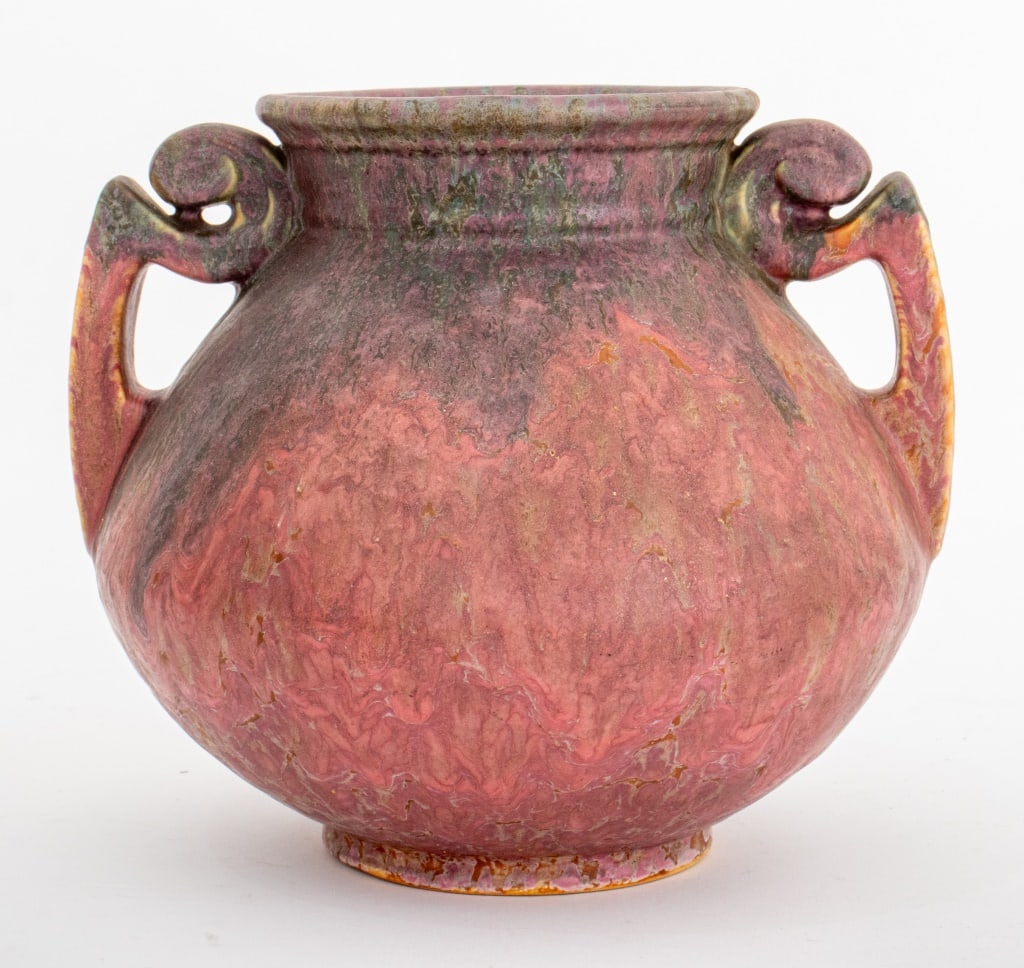 Roseville Art Deco Carnelian II Ceramic Vase, 1926: Roseville Art Deco Carnelian II Ceramic Vase, 1926, with two scroll form handles, numbered "318" to underside. 8" H x 9.5" Diameter. Provenance: From a TriBeCa Penthouse Collection. Keywords: American