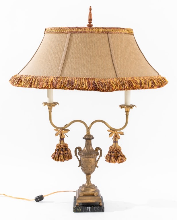 Frederick Cooper Rococo Style Urn Vase Brass Lamp: Frederick Cooper Rococo Style Urn Form Brass Table Lamp, raised on a square faux-marble base, with two lights enhanced with tassel pendants, in gilt metal with dragonfly motif, the shade with maker la