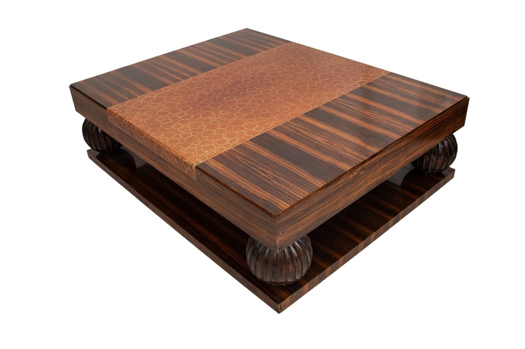 Nicholas Mongiardo Bone Inlaid Maccassar Low Table: Nicholas Mongiardo Bone Inlaid Macassar Ebony Low Table, after an Emile-Jacques Ruhlmann design. Condition report: No current losses. Previous restoration work to surface including retouching to woods